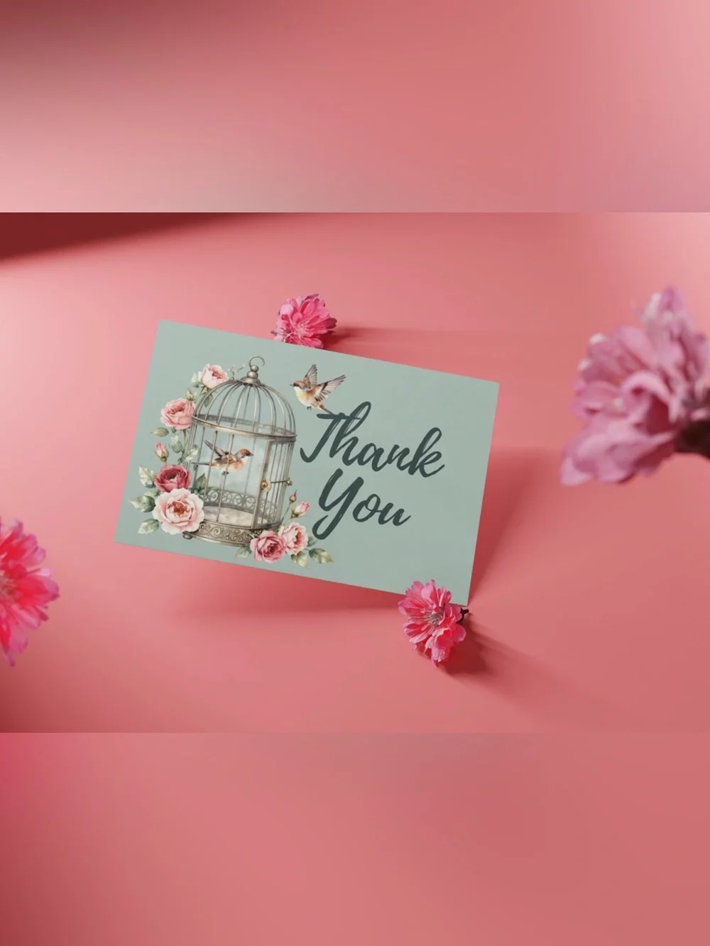 Floral Bird Cage Thank You Cards Set of 15 4x6 Turquoise Roses with Envelopes